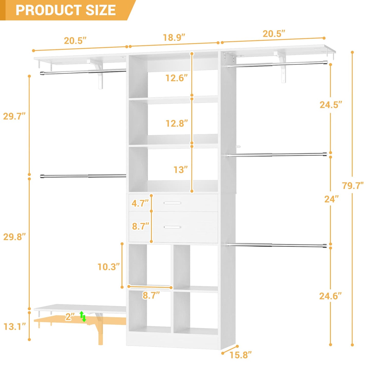 5FT Small Closet System, Baby Closet Organizer System with Wooden Drawers