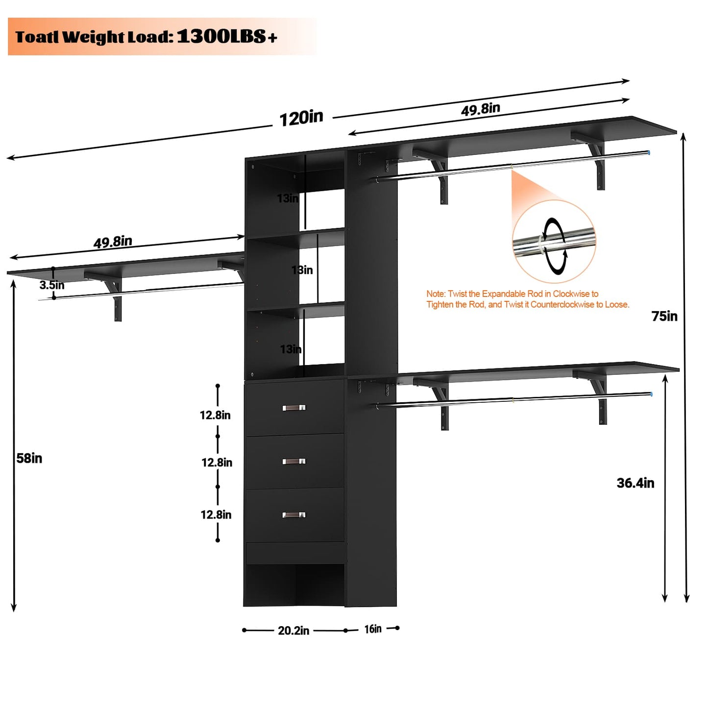 120'' W Closet System with Drawers, Closet Organizer with 3 Shelving Towers