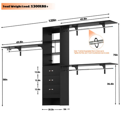 120'' W Closet System with Drawers, Closet Organizer with 3 Shelving Towers