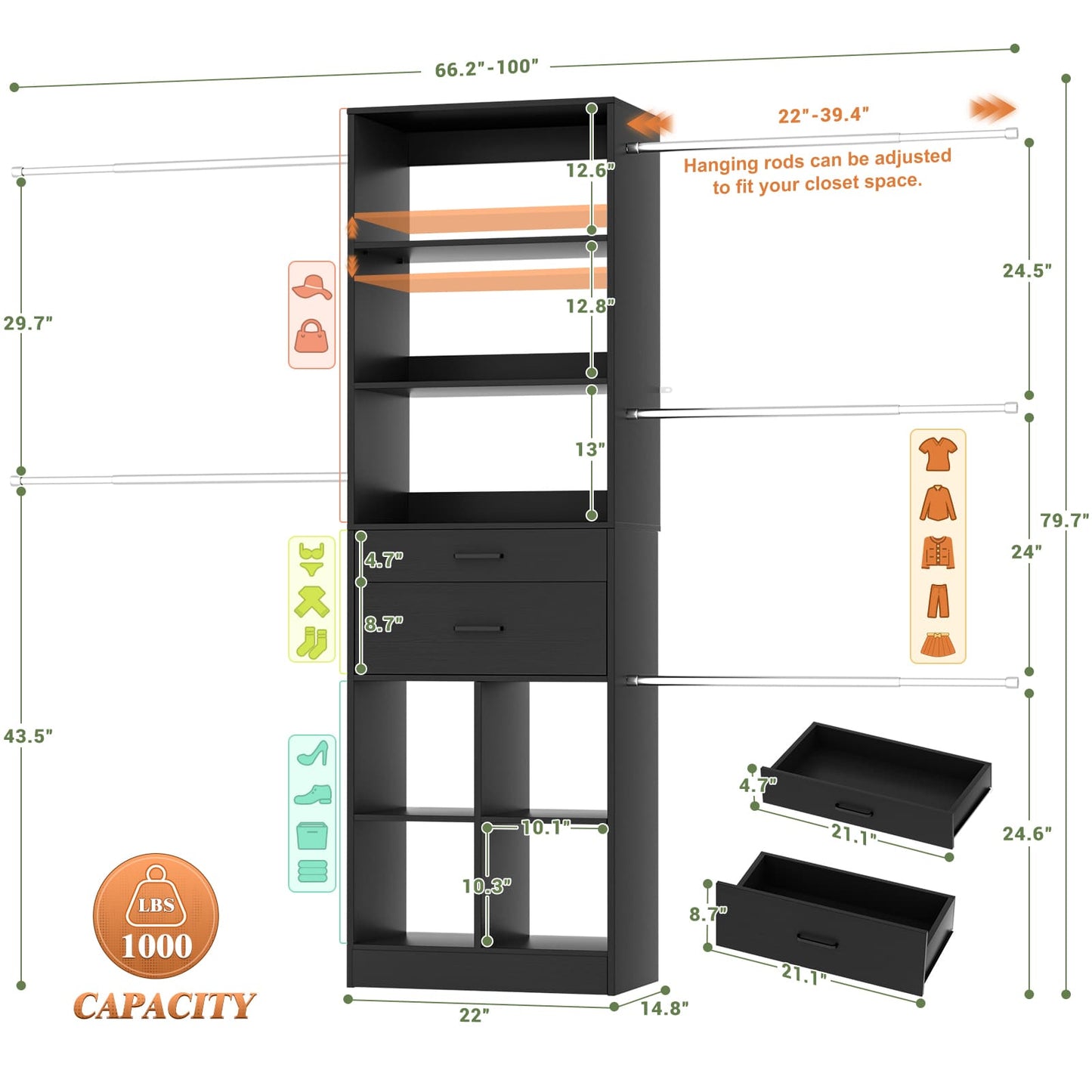 4-8 FT Walk-in Closet Organizer Tower, 2 Wooden Drawers + 5 Hang Rods, Built-in Shelves, Fit 60-96'' Closet Systems