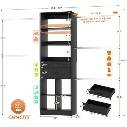 4-8 FT Walk-in Closet Organizer Tower, 2 Wooden Drawers + 5 Hang Rods, Built-in Shelves, Fit 60-96'' Closet Systems
