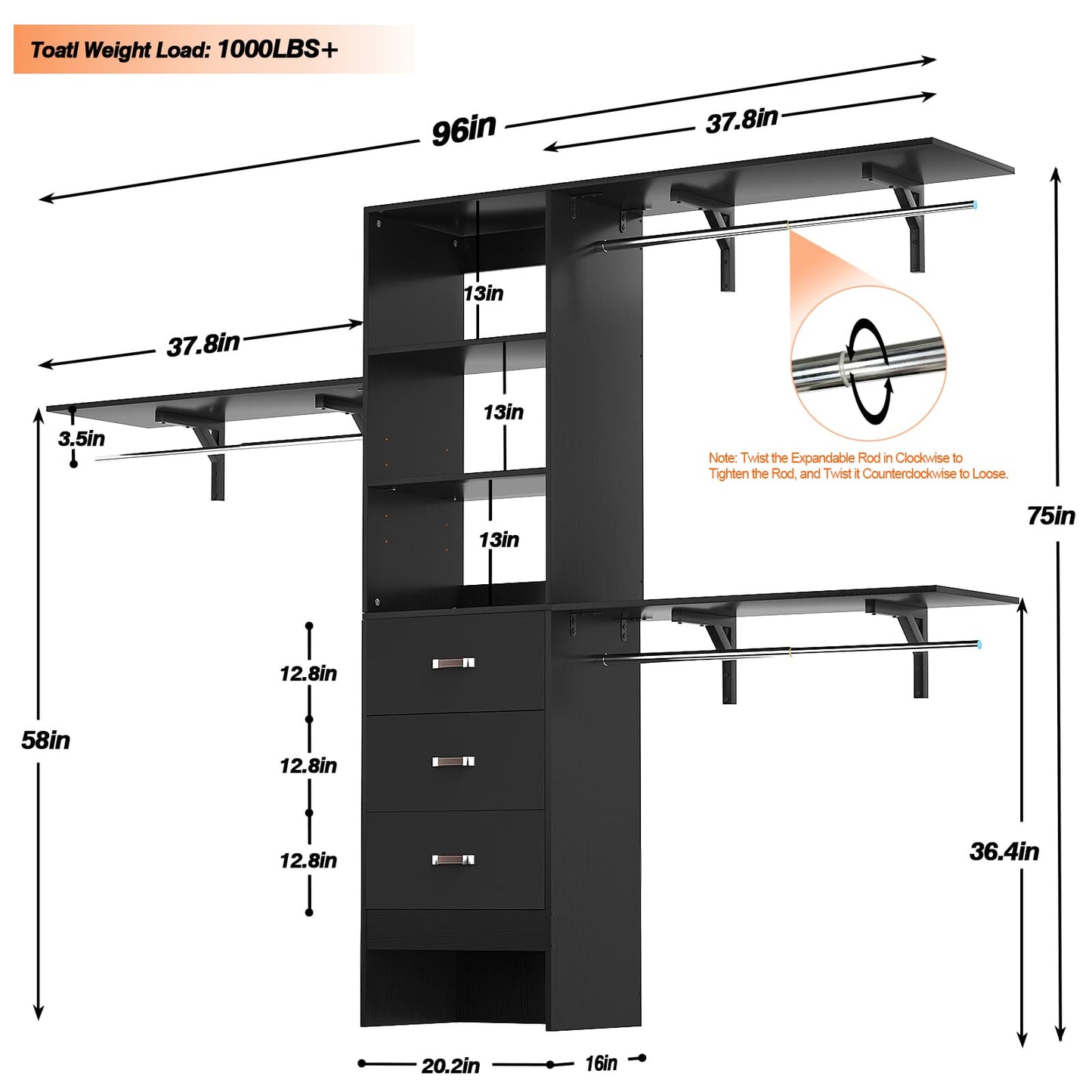 96‘’ W Closet System, Walk In Closet Organizer with 3 Shelving Towers