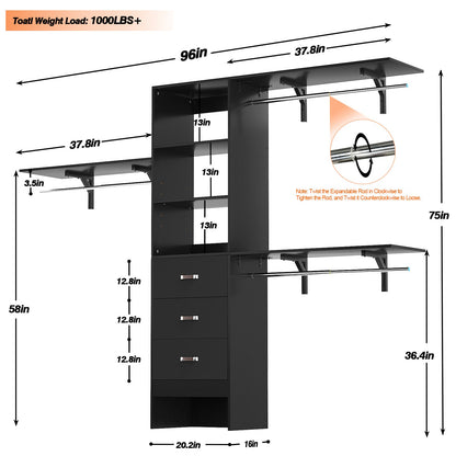 96‘’ W Closet System, Walk In Closet Organizer with 3 Shelving Towers