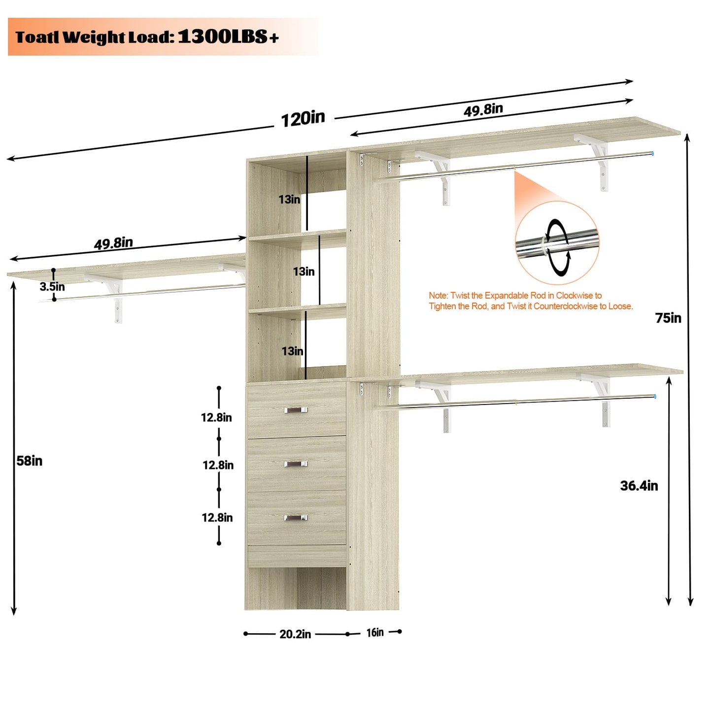 120'' W Closet System with Drawers, Closet Organizer with 3 Shelving Towers
