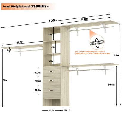 120'' W Closet System with Drawers, Closet Organizer with 3 Shelving Towers
