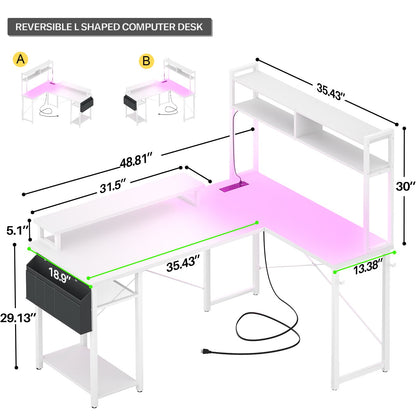 L Shaped Computer Desk with Power Outlets & LED Lights