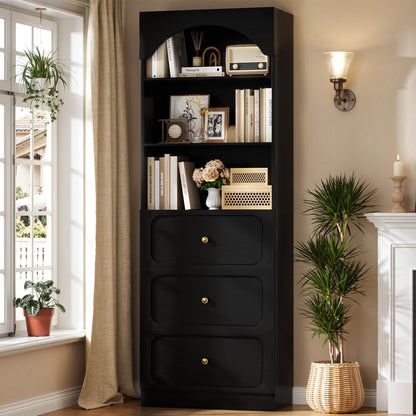 80" Tall Arched Bookcase with 3 Drawers & 3 Open Shelves - Wooden Storage Cabinet for Living Room, Kitchen