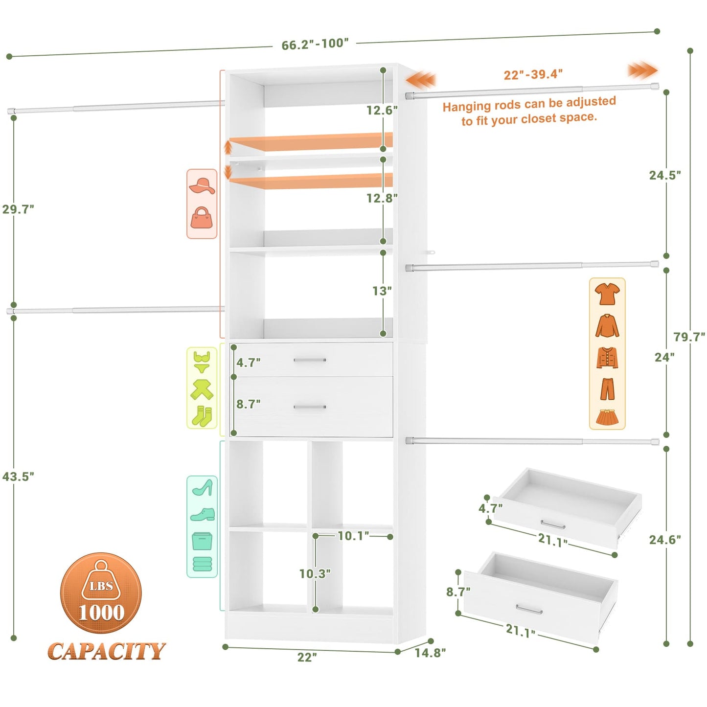 4-8 FT Walk-in Closet Organizer Tower, 2 Wooden Drawers + 5 Hang Rods, Built-in Shelves, Fit 60-96'' Closet Systems