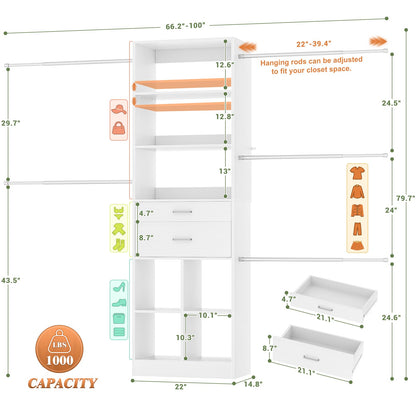4-8 FT Walk-in Closet Organizer Tower, 2 Wooden Drawers + 5 Hang Rods, Built-in Shelves, Fit 60-96'' Closet Systems