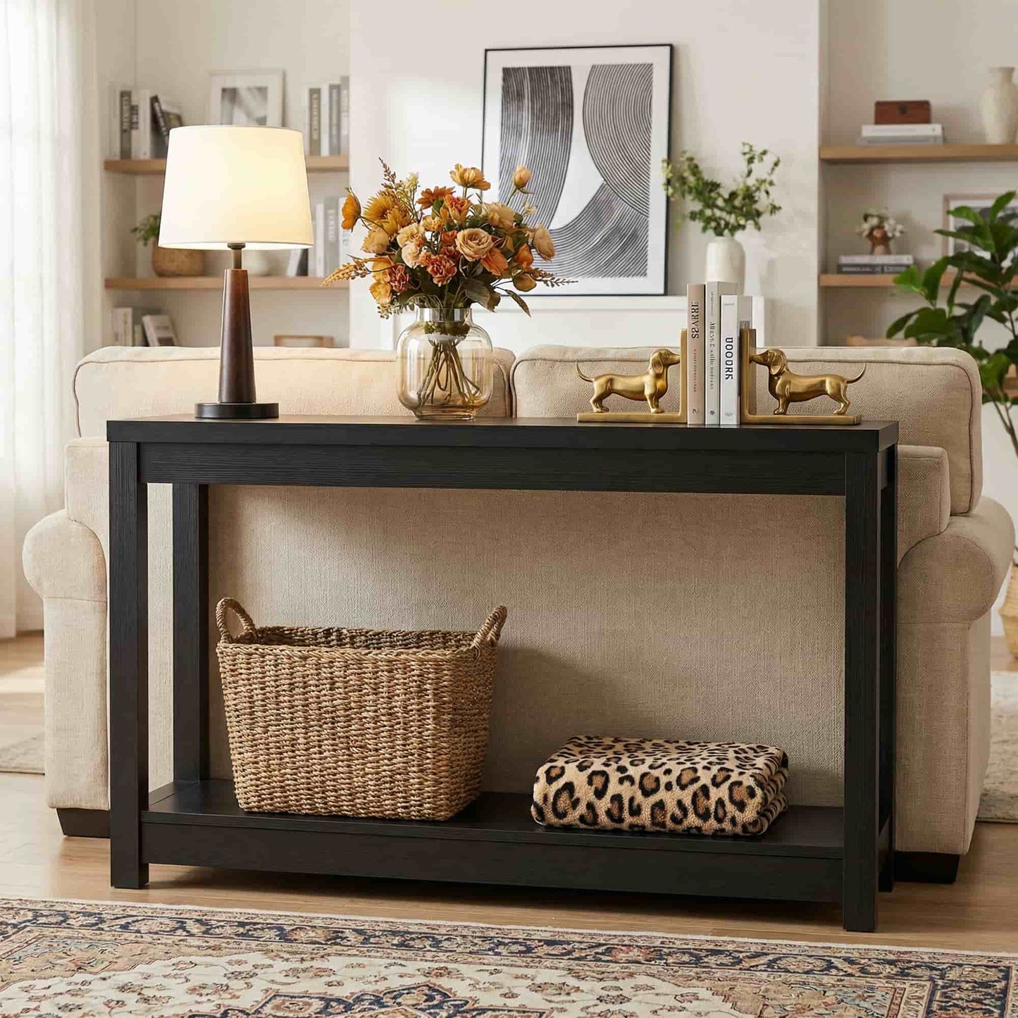 47" Farmhouse Wood Narrow Console Table with Open Storage Shelves: Entryway/Sofa Table, Easy Assembly, Embossed Wood