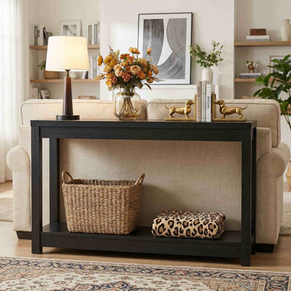 47" Farmhouse Wood Narrow Console Table with Open Storage Shelves: Entryway/Sofa Table, Easy Assembly, Embossed Wood