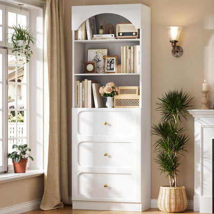 80" Tall Arched Bookcase with 3 Drawers & 3 Open Shelves - Wooden Storage Cabinet for Living Room, Kitchen