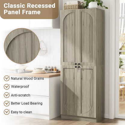 80" Kitchen Pantry, Extra Tall Arch Storage Cabinet with 4 Doors and Adjustable Shelves