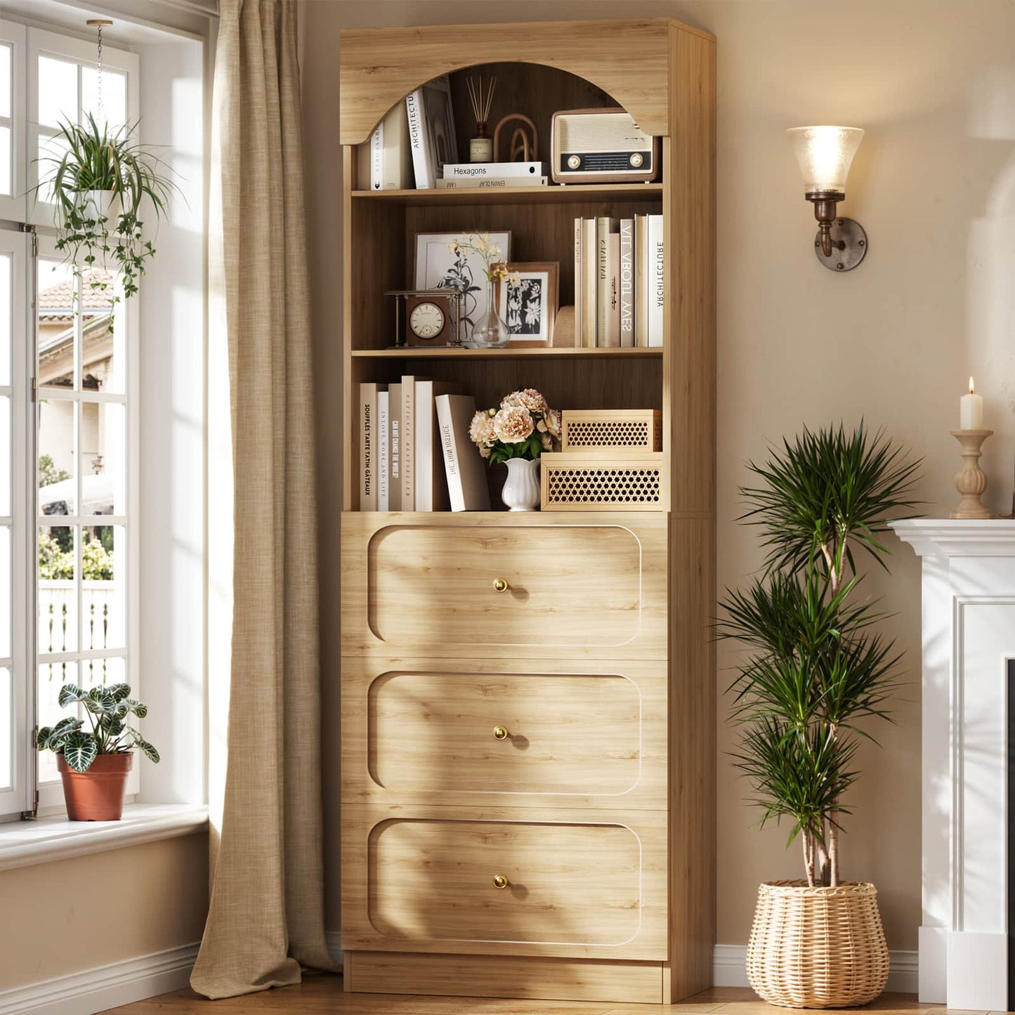 80" Tall Arched Bookcase with 3 Drawers & 3 Open Shelves - Wooden Storage Cabinet for Living Room, Kitchen