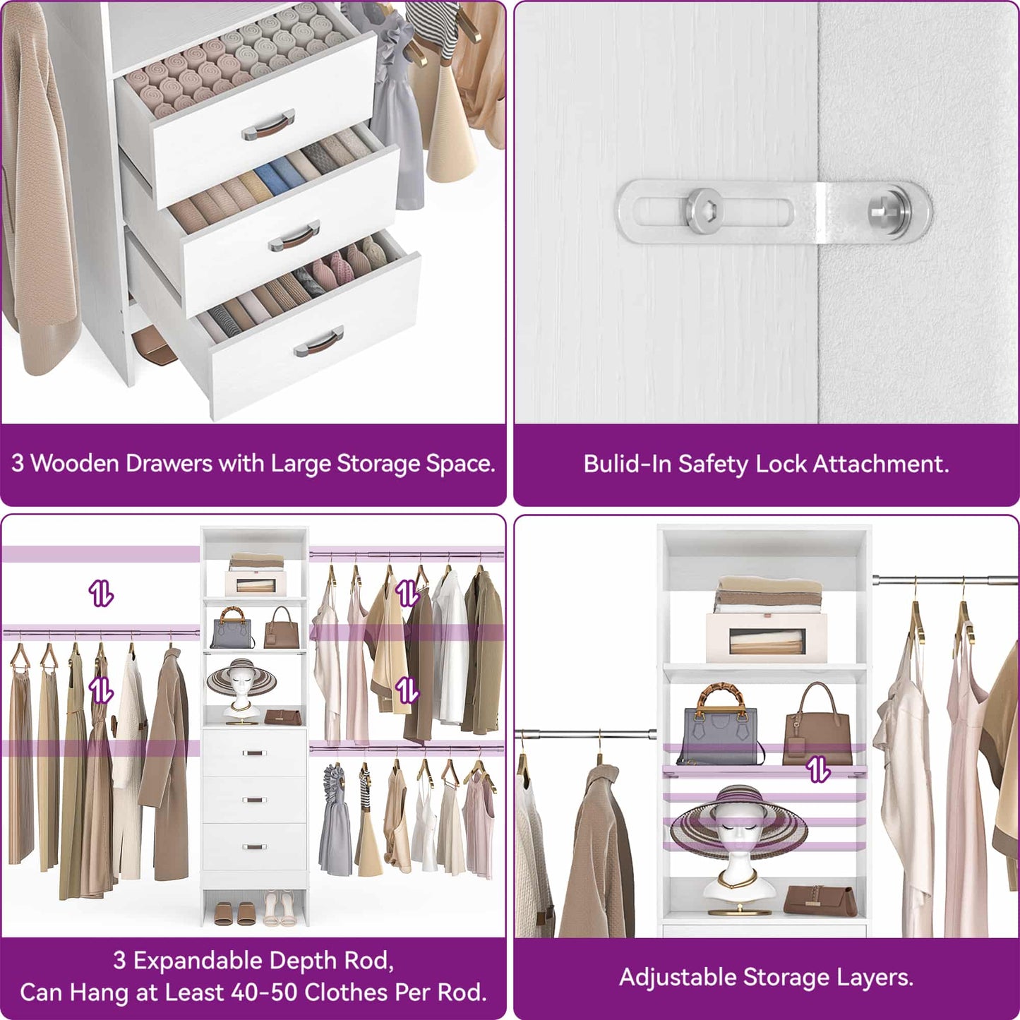 96" Closet System 2-Pack with 6 Hanging Rods & 6 Wooden Drawers - Adjustable Width (5-8FT Each)