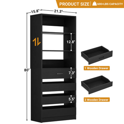 Space-Saving Modular Closet Organizer System with 4 Drawers & Adjustable Shelves - Wood Storage Cabinet