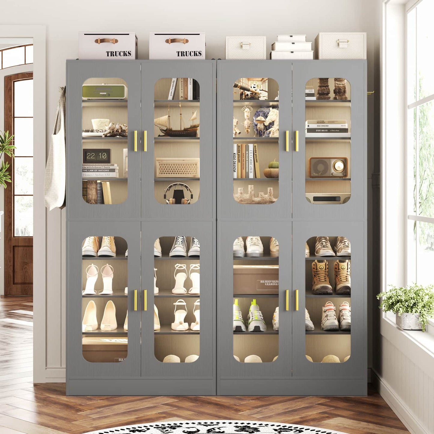 2-Pack 8-Tier LED Shoe Cabinets with Adjustable Shelves, Freestanding Shoe Racks with Hanging Hooks