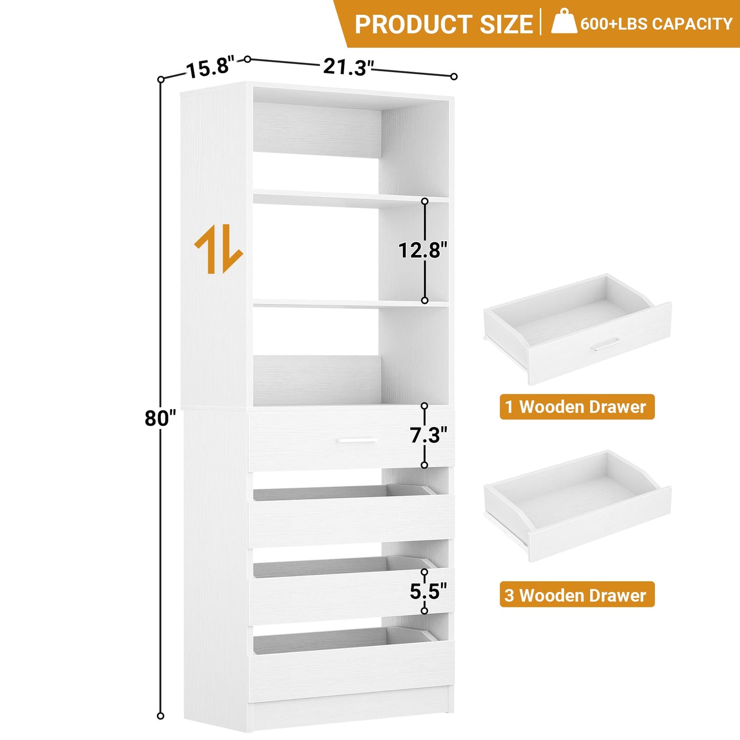 Space-Saving Modular Closet Organizer System with 4 Drawers & Adjustable Shelves - Wood Storage Cabinet