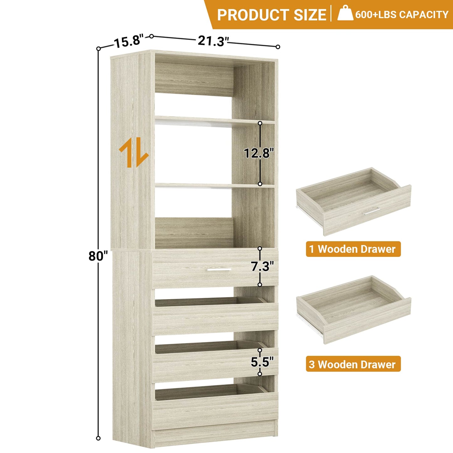 Space-Saving Modular Closet Organizer System with 4 Drawers & Adjustable Shelves - Wood Storage Cabinet