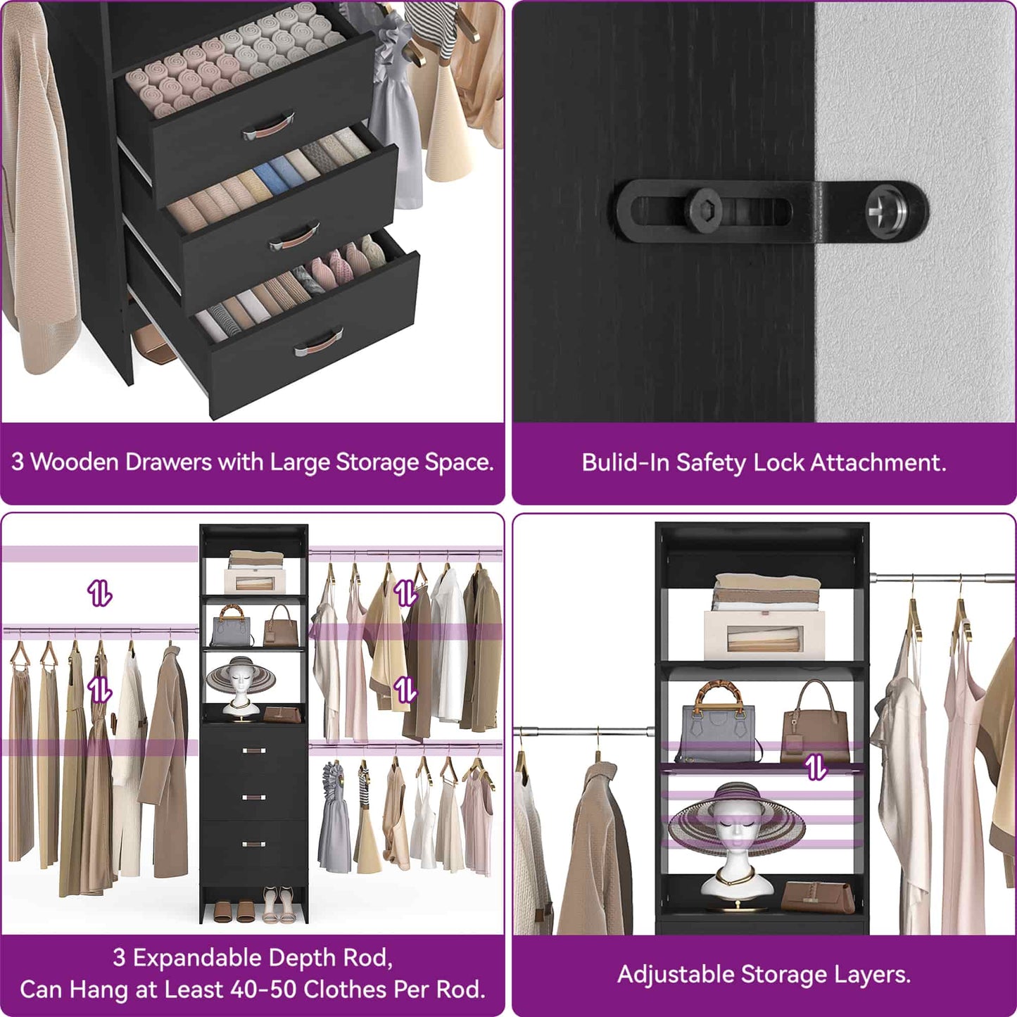 96" Closet System Value 4-Pack with 12 Hanging Rods & 12 Wooden Drawers - Adjustable (5-8FT Each)