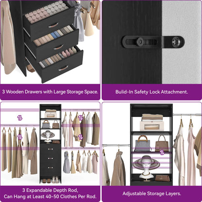 96" Closet System Value 4-Pack with 12 Hanging Rods & 12 Wooden Drawers - Adjustable (5-8FT Each)