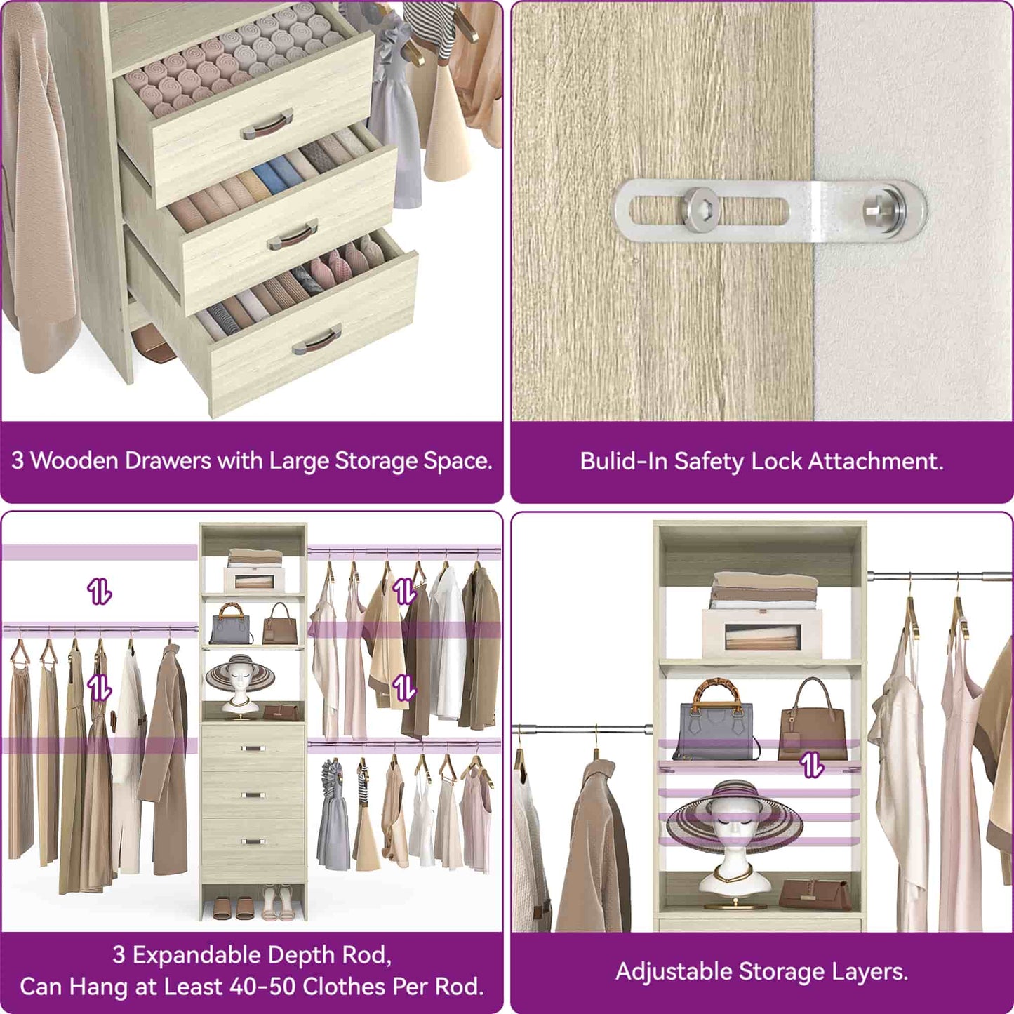 96" Closet System 2-Pack with 6 Hanging Rods & 6 Wooden Drawers - Adjustable Width (5-8FT Each)