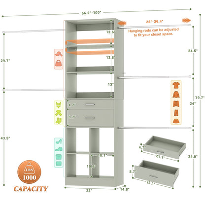 4-8 FT Walk-in Closet Organizer Tower, 2 Wooden Drawers + 5 Hang Rods, Built-in Shelves, Fit 60-96'' Closet Systems