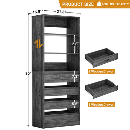 Space-Saving Modular Closet Organizer System with 4 Drawers & Adjustable Shelves - Wood Storage Cabinet