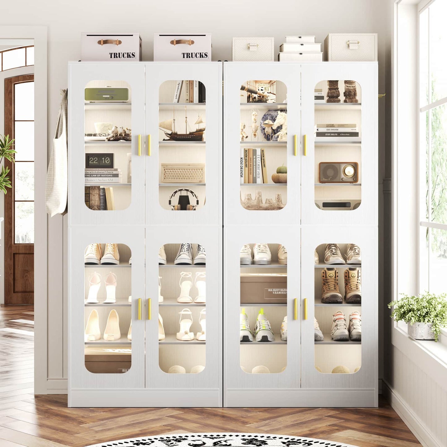 8-Tier LED Shoe Cabinet with Adjustable Shelves - 67 inch Tall Shoe Racks with Hooks for Entryway, Living Room, 24-32 Pairs