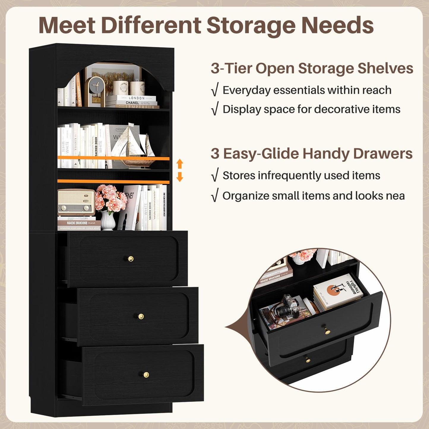 80" Tall Arched Bookcase with 3 Drawers & 3 Open Shelves - Wooden Storage Cabinet for Living Room, Kitchen