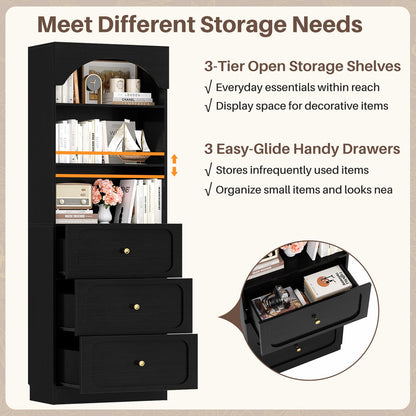 80" Tall Arched Bookcase with 3 Drawers & 3 Open Shelves - Wooden Storage Cabinet for Living Room, Kitchen