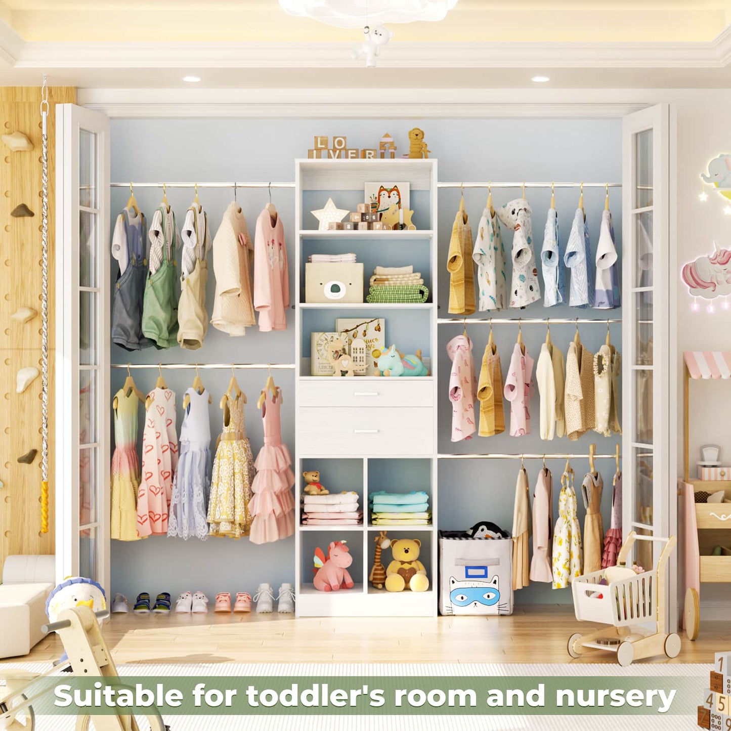 4-8 FT Walk-in Closet Organizer Tower, 2 Wooden Drawers + 5 Hang Rods, Built-in Shelves, Fit 60-96'' Closet Systems