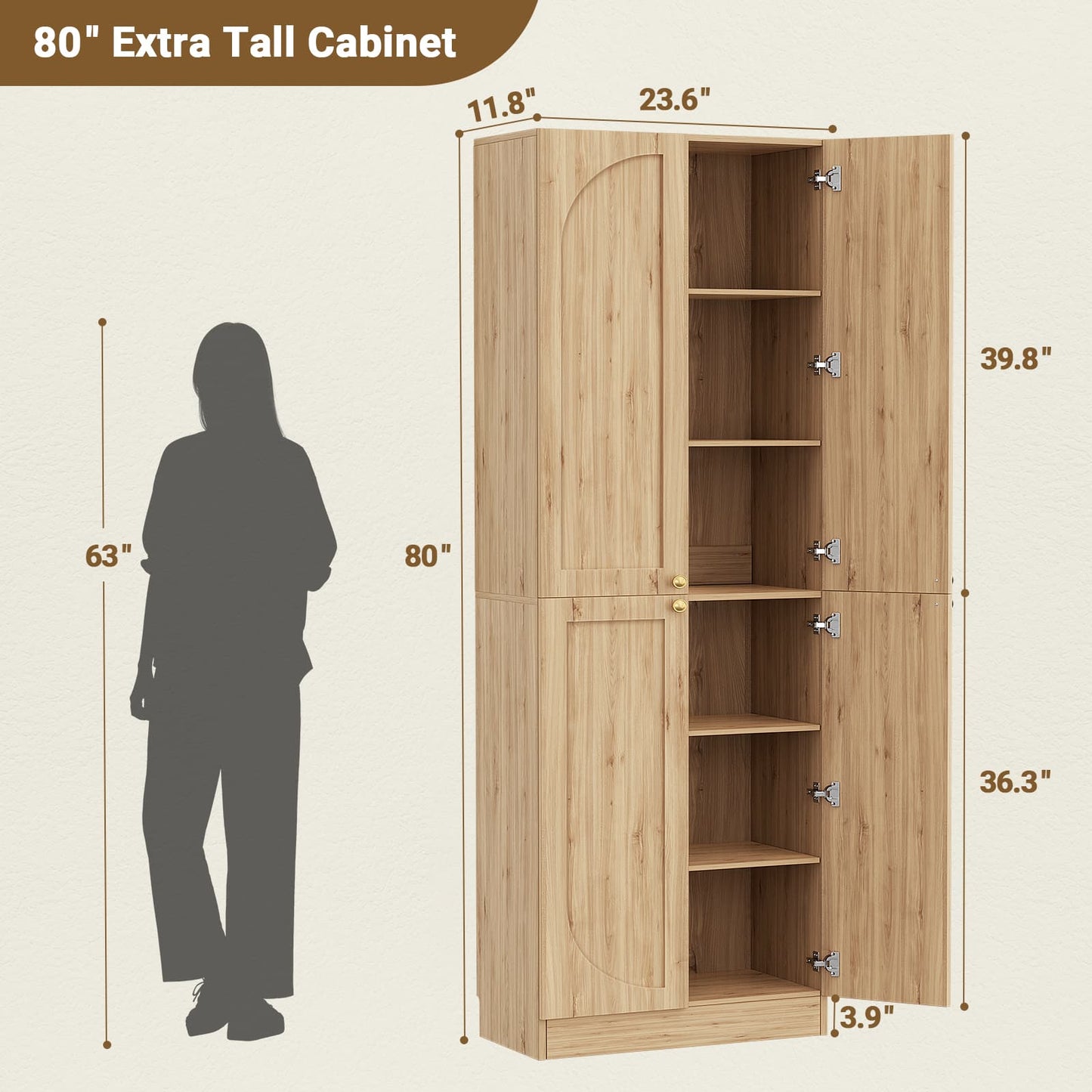 80" Kitchen Pantry, Extra Tall Arch Storage Cabinet with 4 Doors and Adjustable Shelves