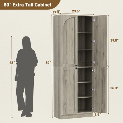 80" Kitchen Pantry, Extra Tall Arch Storage Cabinet with 4 Doors and Adjustable Shelves