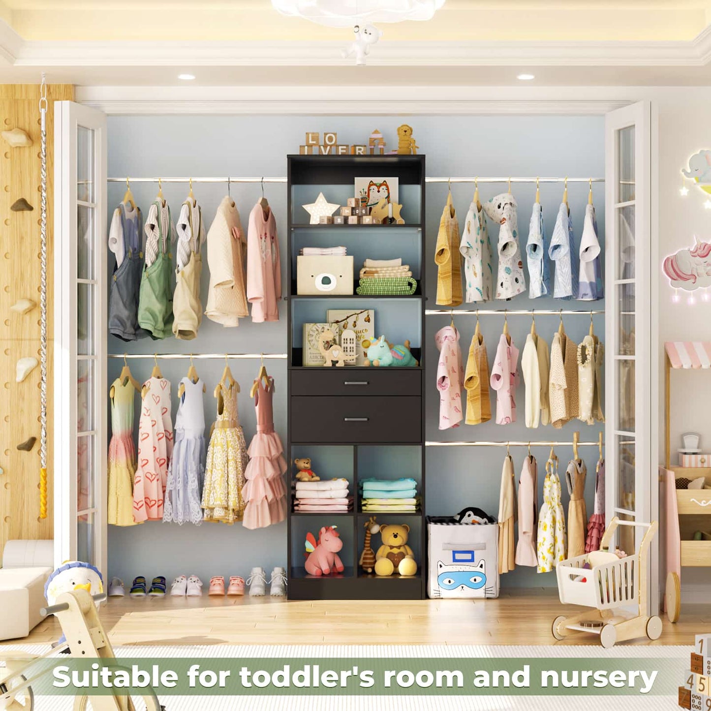 4-8 FT Walk-in Closet Organizer Tower, 2 Wooden Drawers + 5 Hang Rods, Built-in Shelves, Fit 60-96'' Closet Systems