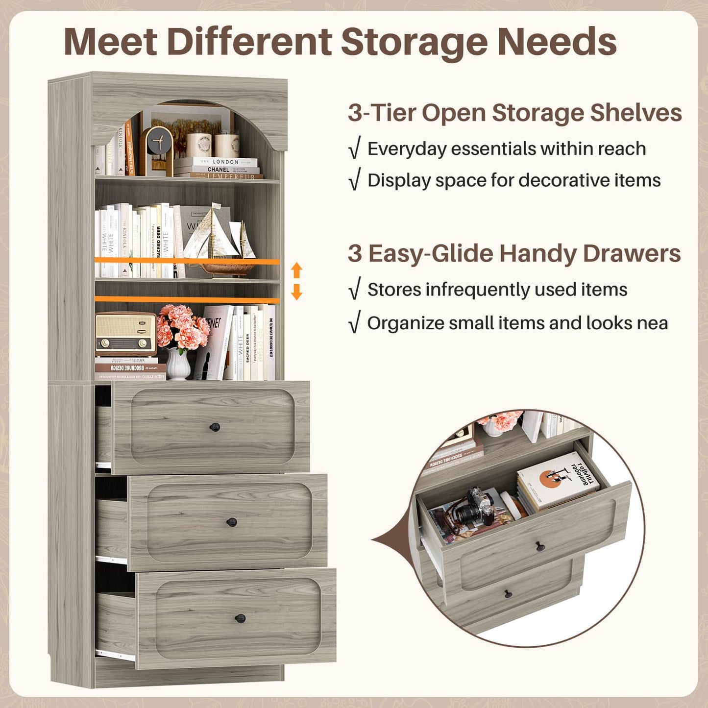 80" Tall Arched Bookcase with 3 Drawers & 3 Open Shelves - Wooden Storage Cabinet for Living Room, Kitchen