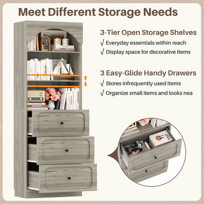80" Tall Arched Bookcase with 3 Drawers & 3 Open Shelves - Wooden Storage Cabinet for Living Room, Kitchen
