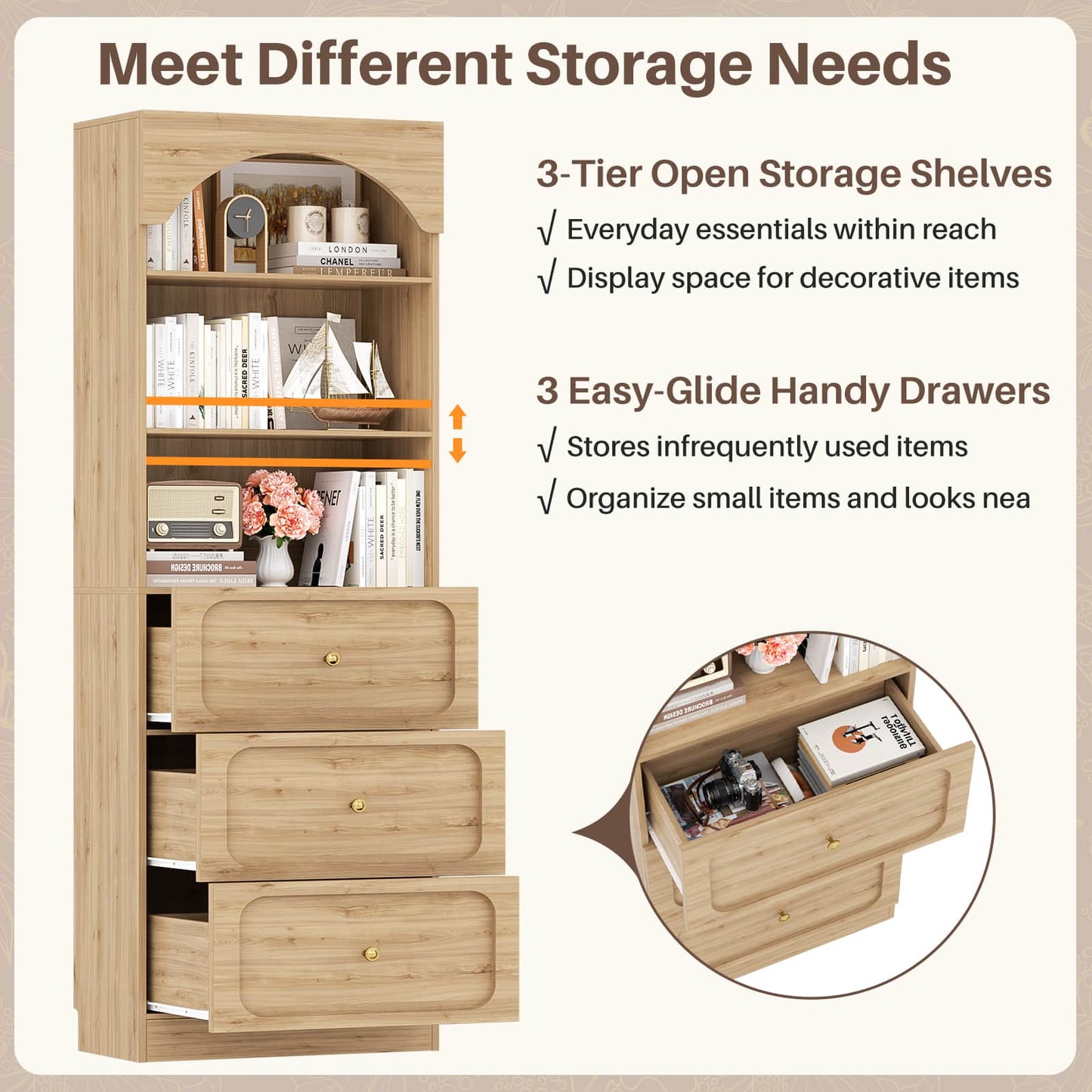 80" Tall Arched Bookcase with 3 Drawers & 3 Open Shelves - Wooden Storage Cabinet for Living Room, Kitchen