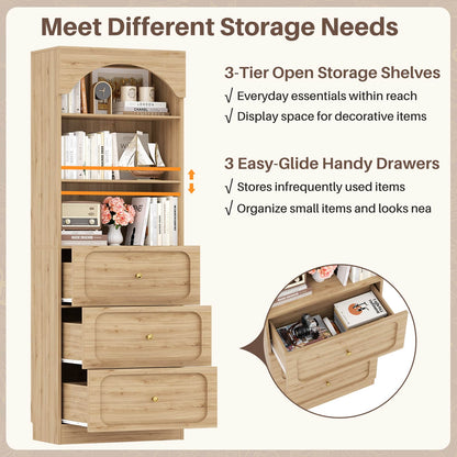 80" Tall Arched Bookcase with 3 Drawers & 3 Open Shelves - Wooden Storage Cabinet for Living Room, Kitchen