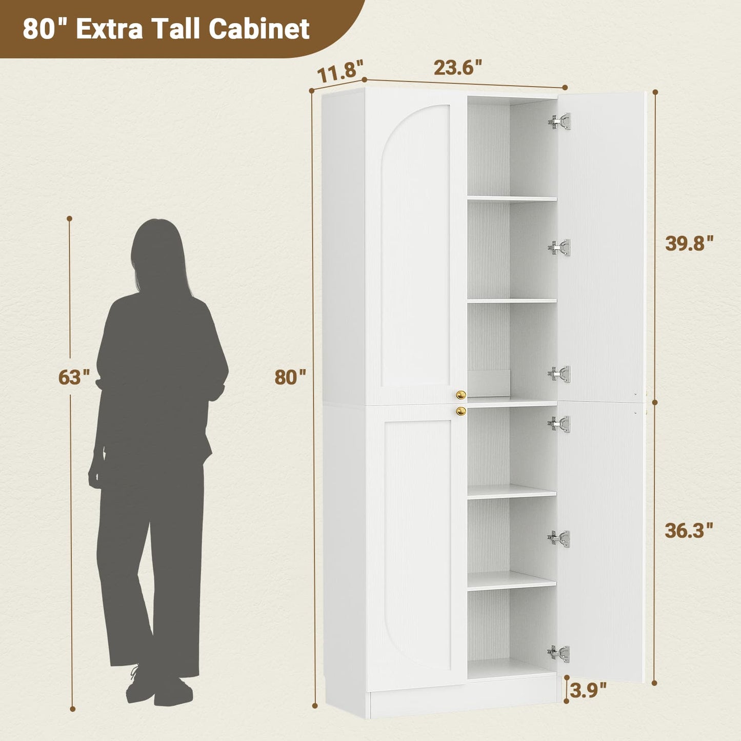 80" Kitchen Pantry, Extra Tall Arch Storage Cabinet with 4 Doors and Adjustable Shelves