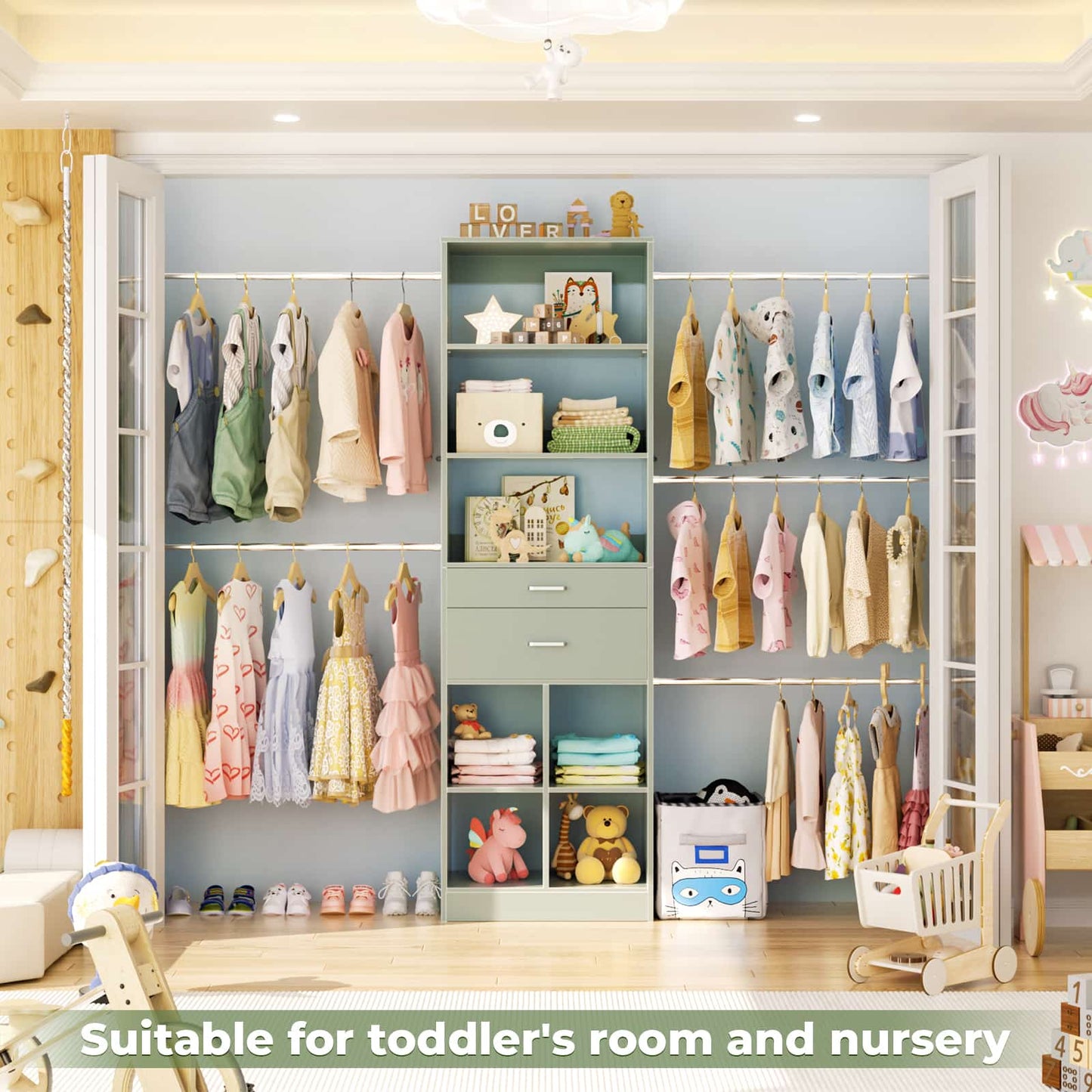 4-8 FT Walk-in Closet Organizer Tower, 2 Wooden Drawers + 5 Hang Rods, Built-in Shelves, Fit 60-96'' Closet Systems