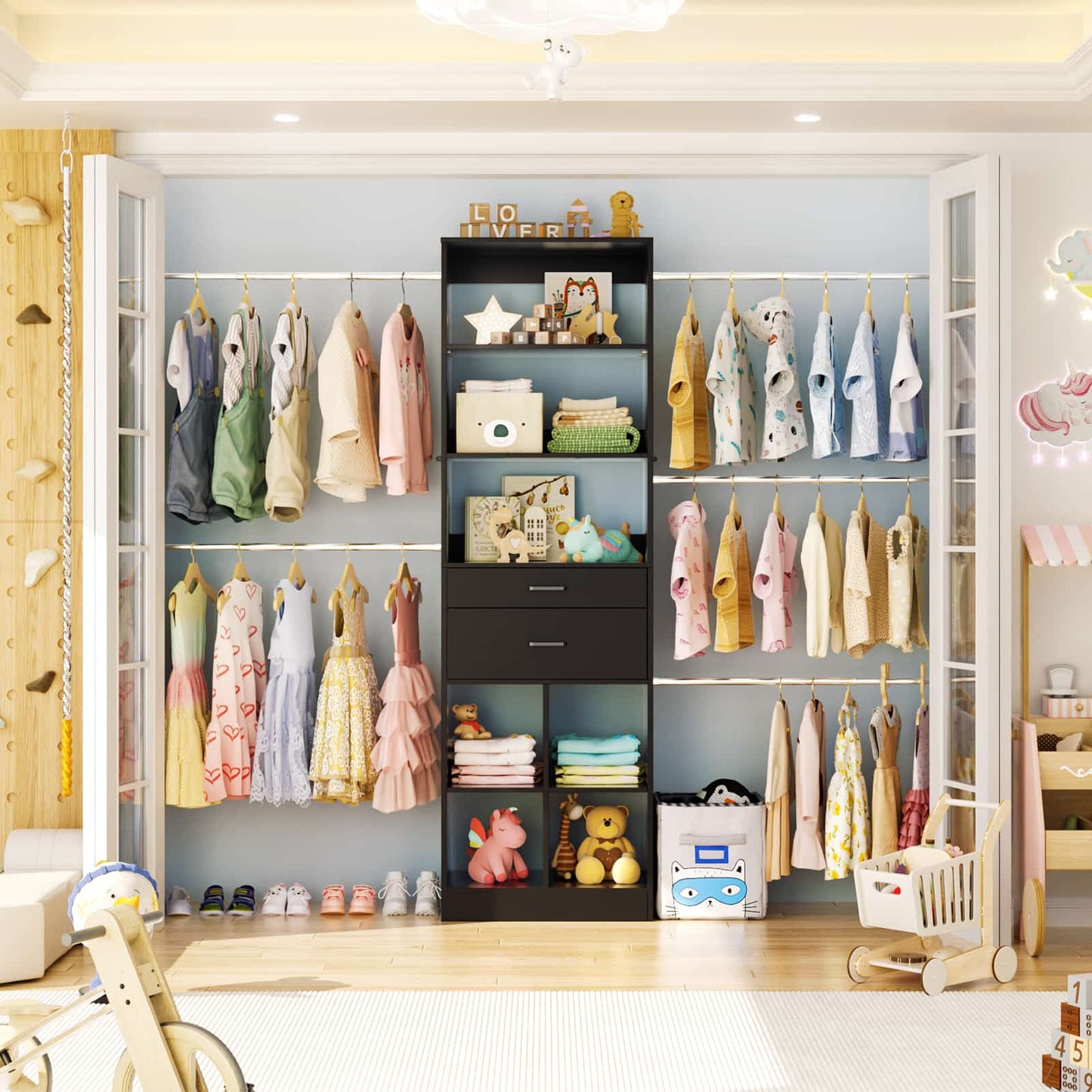 4-8 FT Walk-in Closet Organizer Tower, 2 Wooden Drawers + 5 Hang Rods, Built-in Shelves, Fit 60-96'' Closet Systems