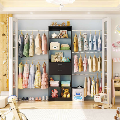 4-8 FT Walk-in Closet Organizer Tower, 2 Wooden Drawers + 5 Hang Rods, Built-in Shelves, Fit 60-96'' Closet Systems