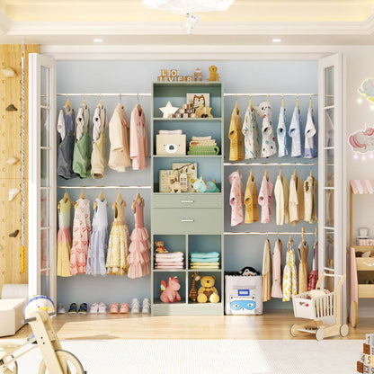 4-8 FT Walk-in Closet Organizer Tower, 2 Wooden Drawers + 5 Hang Rods, Built-in Shelves, Fit 60-96'' Closet Systems