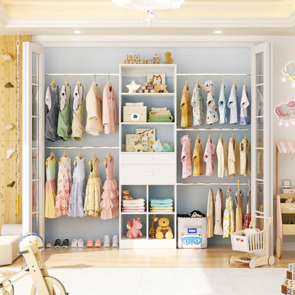 4-8 FT Walk-in Closet Organizer Tower, 2 Wooden Drawers + 5 Hang Rods, Built-in Shelves, Fit 60-96'' Closet Systems
