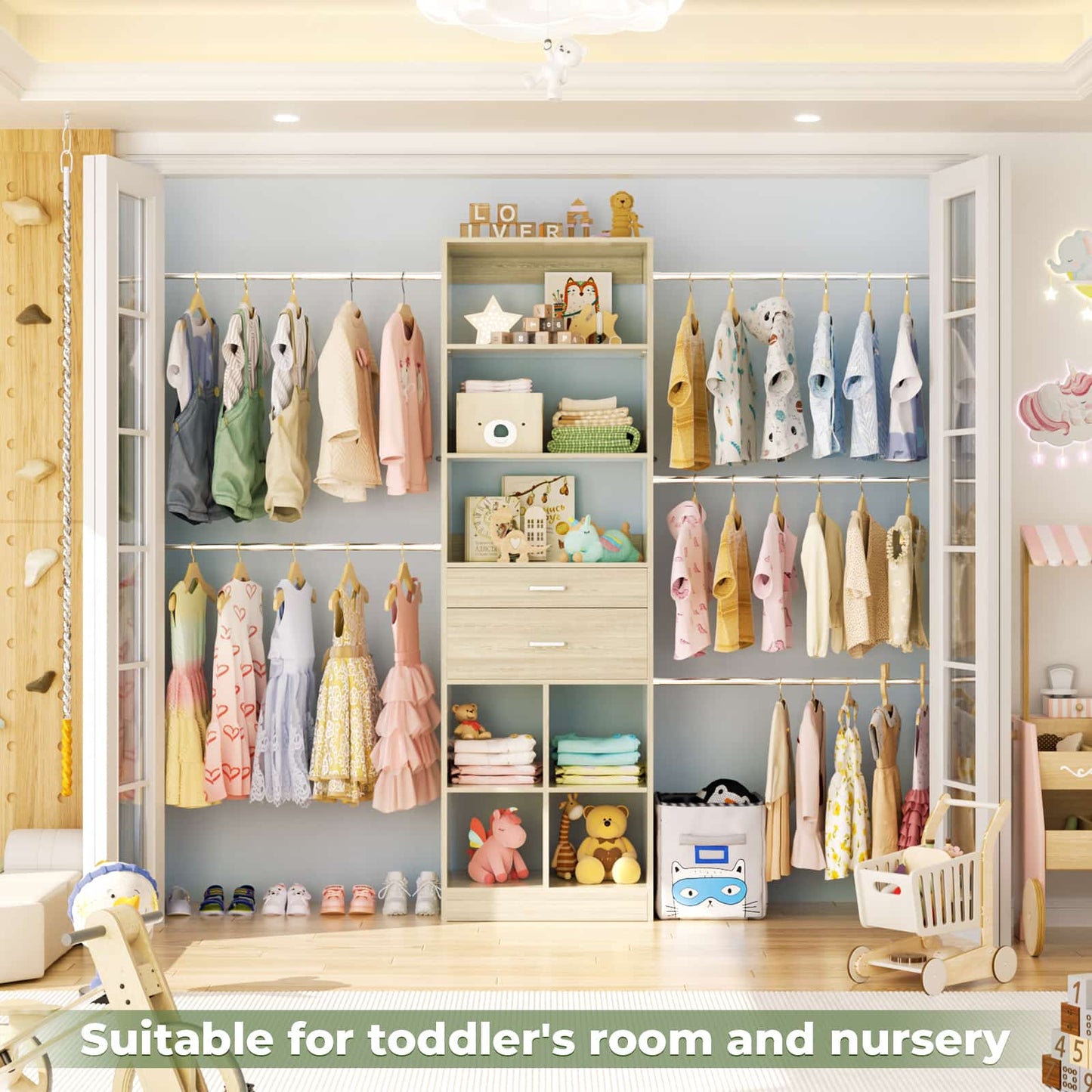 4-8 FT Walk-in Closet Organizer Tower, 2 Wooden Drawers + 5 Hang Rods, Built-in Shelves, Fit 60-96'' Closet Systems