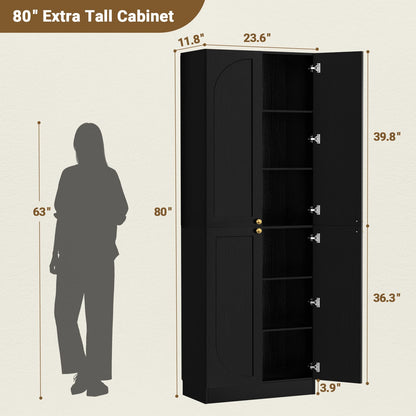 80" Kitchen Pantry, Extra Tall Arch Storage Cabinet with 4 Doors and Adjustable Shelves