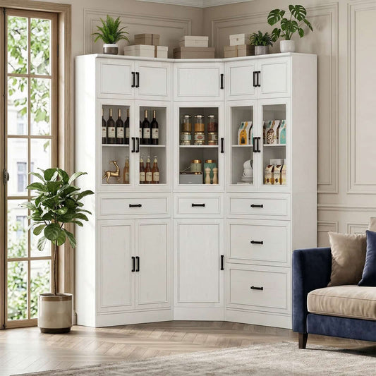 80" Farmhouse Corner Cabinet + Freestanding Pantry Set with Adjustable Shelves, Tempered Glass Doors, Versatile Storage
