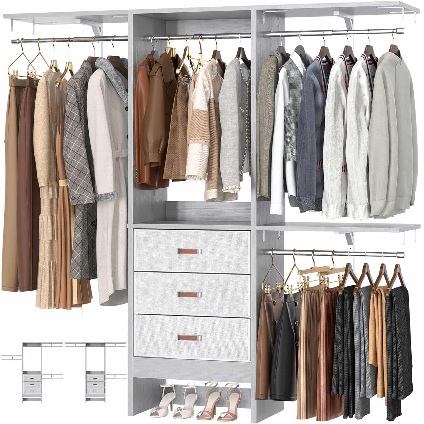 59'' W Small Closet System with 3 Fabric Drawers
