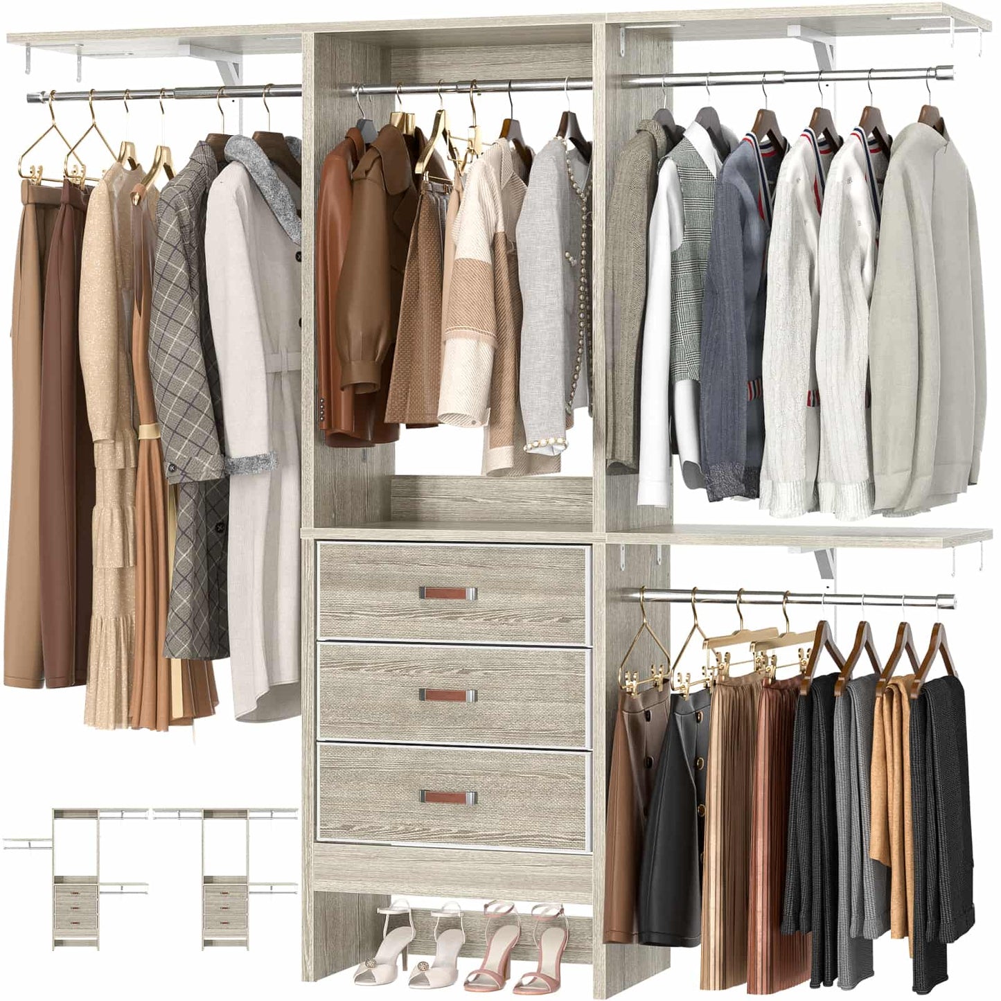 59'' W Small Closet System with 3 Fabric Drawers
